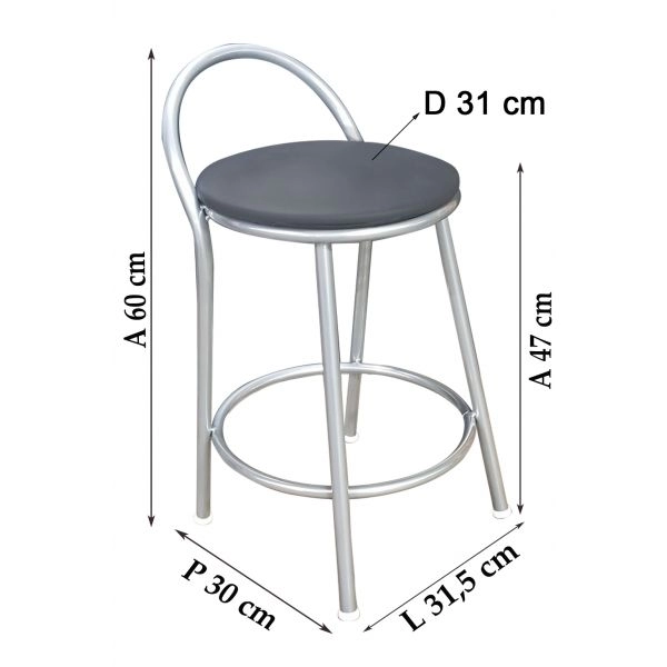Banco Metalnew Com Encosto 47 cm Prata - Assento Preto